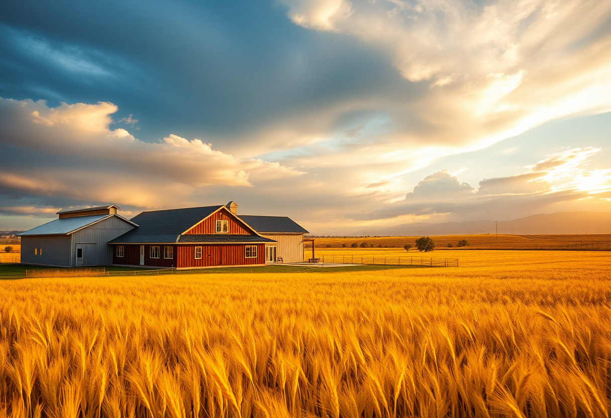 Northern Colorado farm home and metal pole barn on the high plains at golden hour